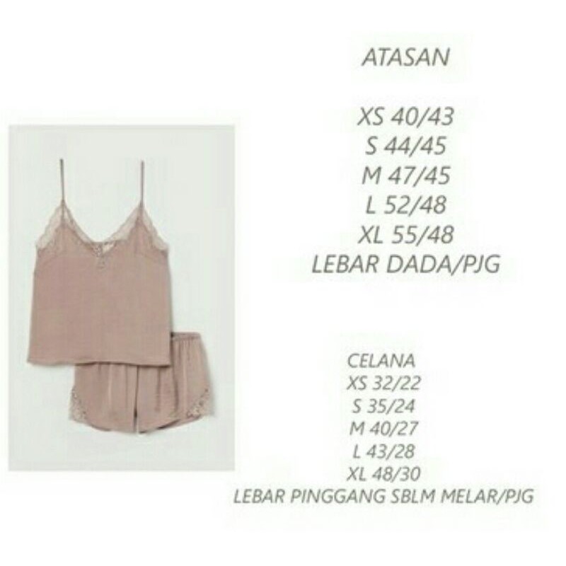 H&amp;M  Celana Tidur  Satin Sleepwear Pjamas  Set Lase Cami Tank + Short | Celana tidiur  Lingerie Original Branded