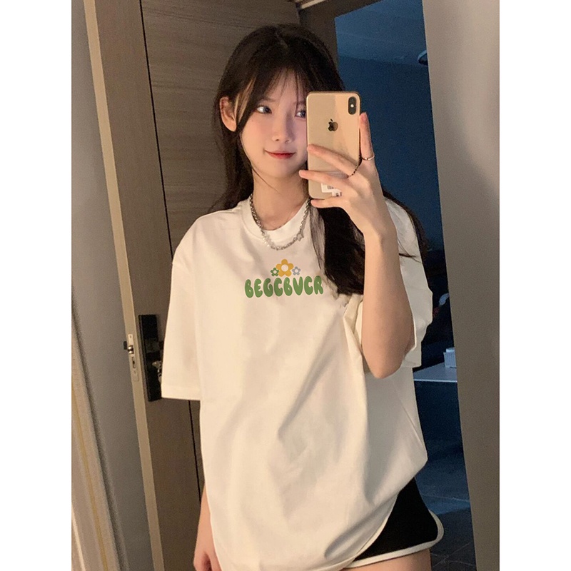 EUNII T-shirt Lengan Pendek Lukisan  Lanskap Cat Minyak Cetak Longgar Korean Style/Kaos Atasan Wanita/Baju Kaus Oversize Wanita