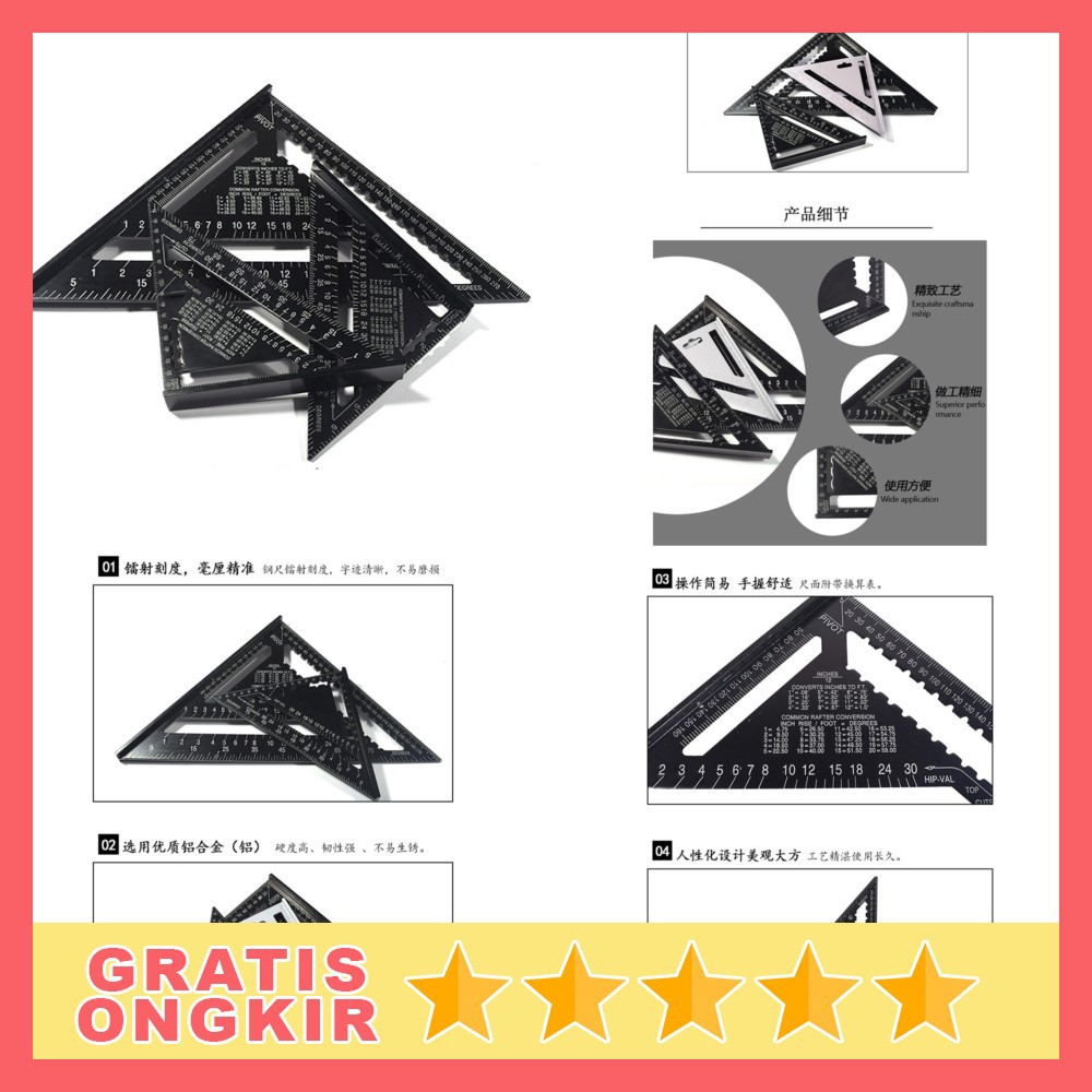 

VKTECH Penggaris Siku Mistar Triangle Ruler Aluminium 7 inch - A10D01 - Black