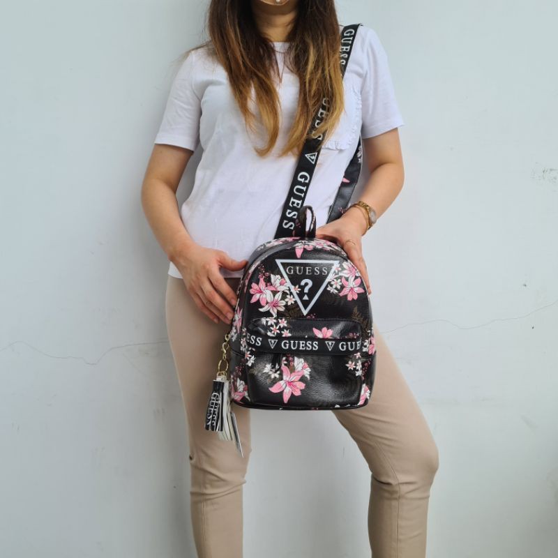 (WODB) Tas gesabel beige black pink floral ransel backpack