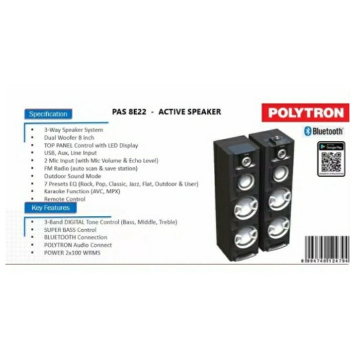 Polytron Speaker Aktif Bluetooth USB Mic PAS 8E22 Active Speaker