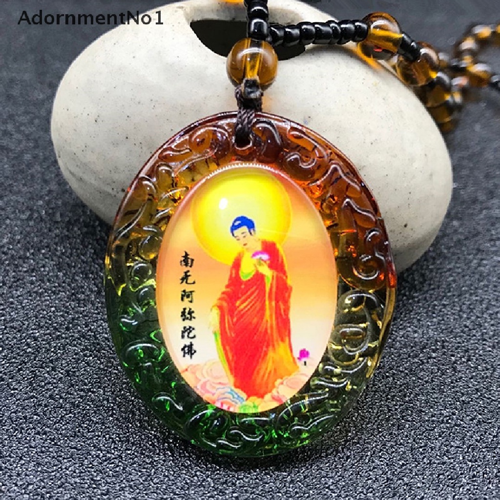 (AdornmentNo1) Kalung Rantai Dengan Liontin Jimat Namo Amitabha Kaca Untuk Pria / Wanita