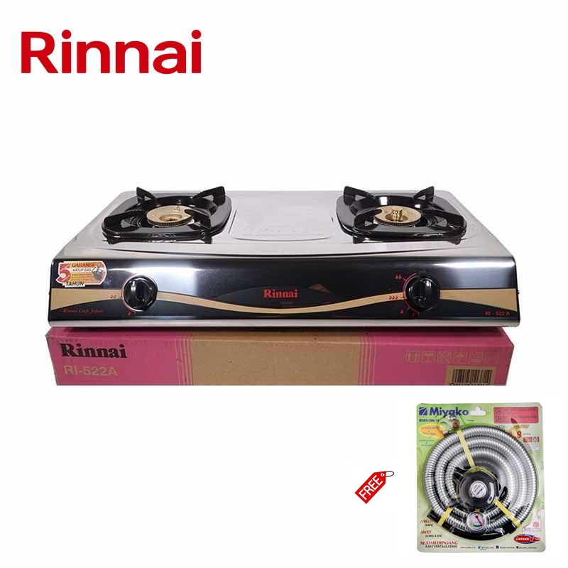 Rinnai RI-522A Kompor Gas 2 Tungku Stainless FREE Paket Miyako Selang Gas Meter