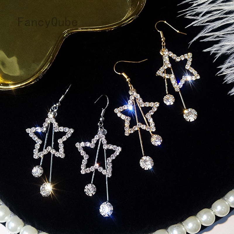 Crystal Long Bright Pentagram Star Tassel Pendant Earrings Usable