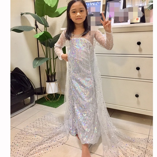 Putri Beku 2 Elsa Dress Gadis Gaun Gadis Kostum Gaun Berpayet Gaun Putih