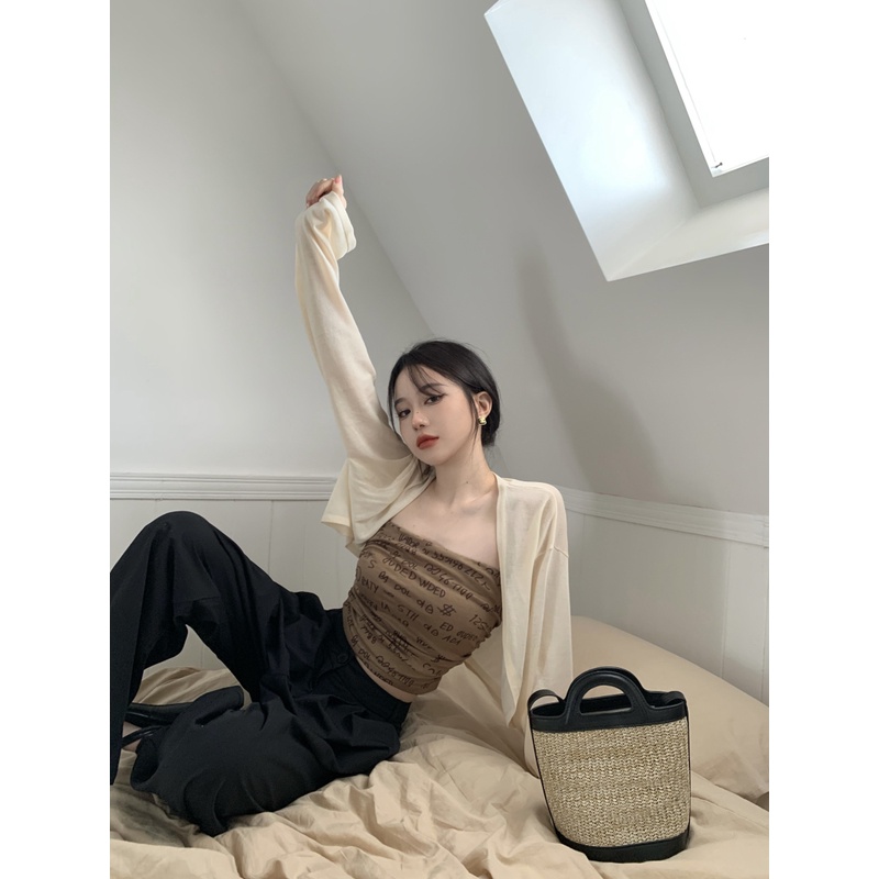 Suhao Rajutan Cardigan Wanita Musim Panas Beige Gadis Panas Bagian Tipis Perlindungan Matahari Blus