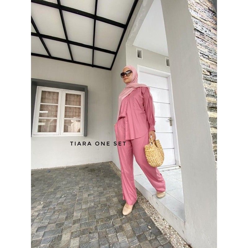 One Set TIARA Pajamas Set Kemeja Polos Tangan Panjang Bahan Katun Rayon Premium