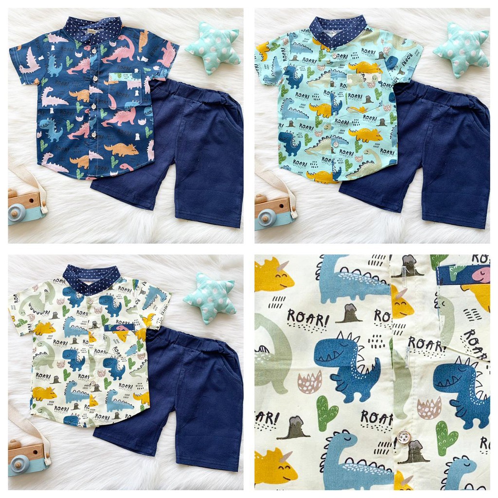 setelan kemeja lengan pendek bayi import 0 1 2 3  tahun cowok baby fullprint NUMBER DINO PARK shirt set laki laki