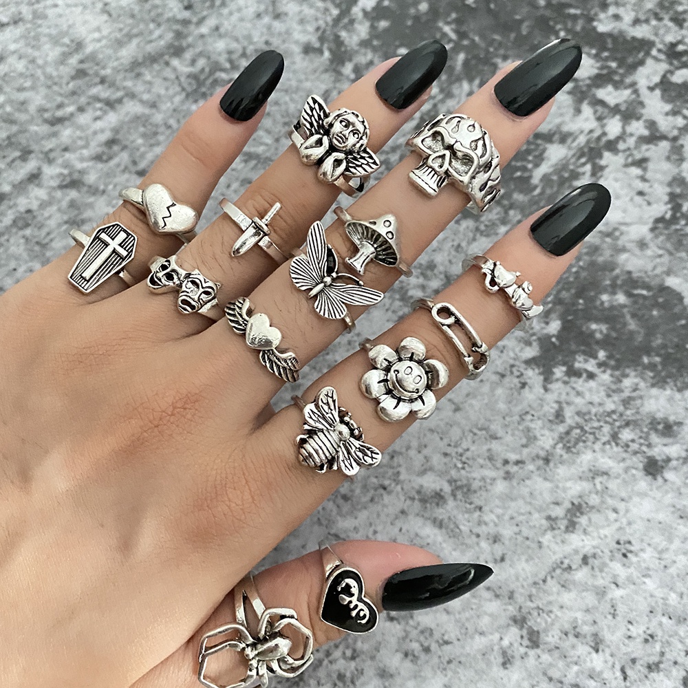 Cincin Desain Kupu-Kupu Hati Bunga Malaikat Warna Silver Gaya Vintage Gothic Hip Hop Untuk Wanita