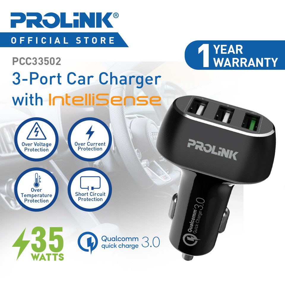 PROLiNK Car Charger mobil 35W 3 Port Fast Charging QC 3.0 PCC33502