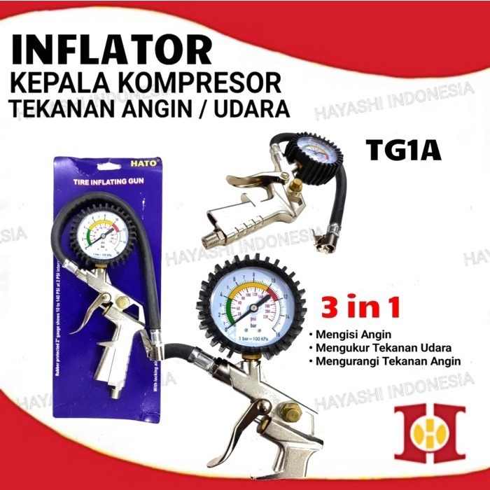 Inflator Pompa Angin Ban Kompresor Alat Pengukur Tekanan 3 Fungsi