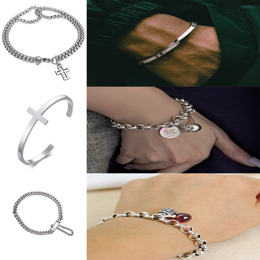 Korean version of simple cross men's and women's stainless steel open bracelet hip hop punk jewelry