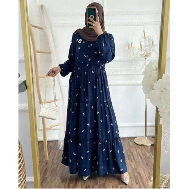 GAMIS MAXI DRESS RAYON PREMIUM LD 100 - 110 HOMEYDRESS BUSUI BAJU GAMIS SERAGAM MOTIF TERBARU V.2-MINI TULIP NAVY DRES