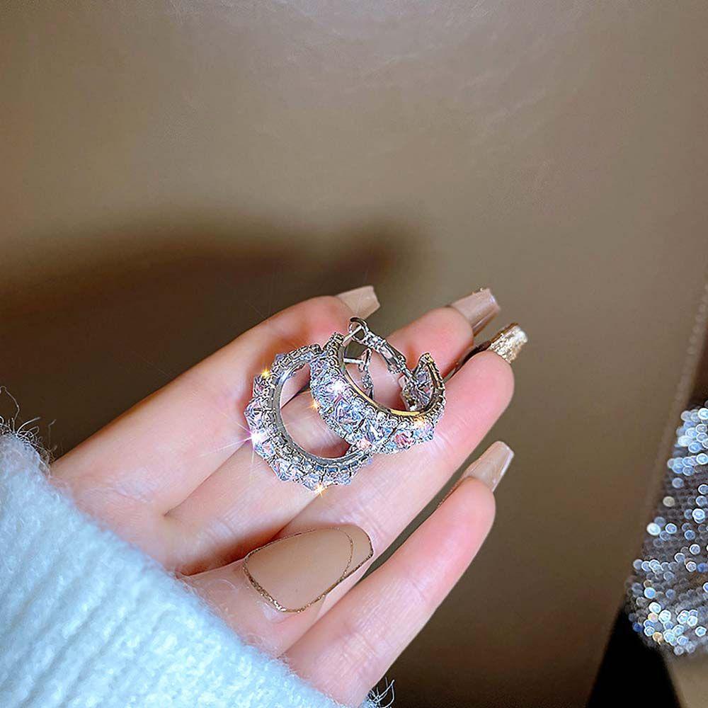 Needway Anting Hoop Geometris Mengkilap Kecil Gaya Wangi Berlian Imitasi Bulat Aksesoris Telinga Zirkon Anting Korea