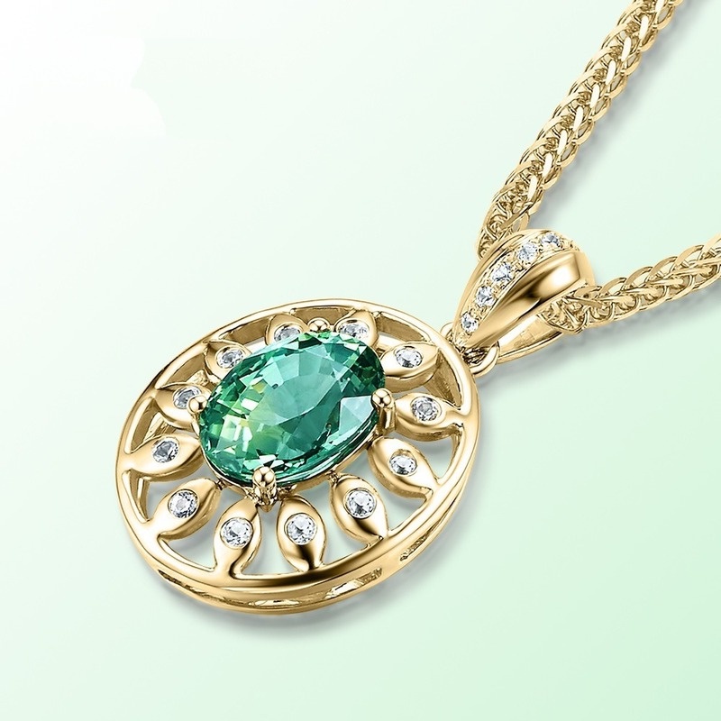 [Ready Stock]Fashion Inlaid Blue and Green Gemstone Pendant Necklace