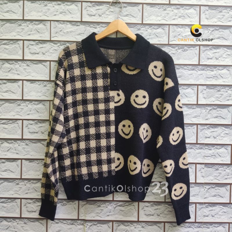 CS052 Sweater Rajut Wanita Motif Smile Square Kinanti