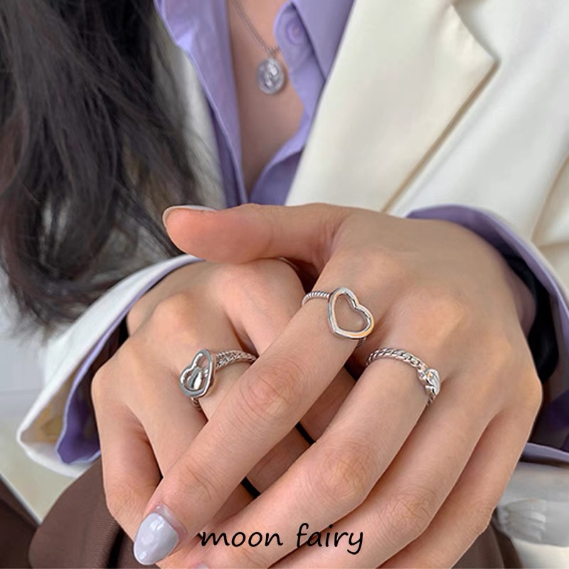 YEEZII 2pcs / Set Cincin Model Terbuka Dapat Disesuaikan Bentuk Hati Warna Silver Untuk Wanita