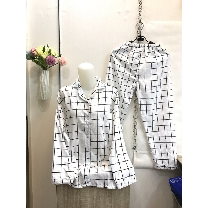 piyama/pajamas kotak&quot; PP putih murah.homewear/sleepwear/bajutidur cwe PP tartan white kekinian