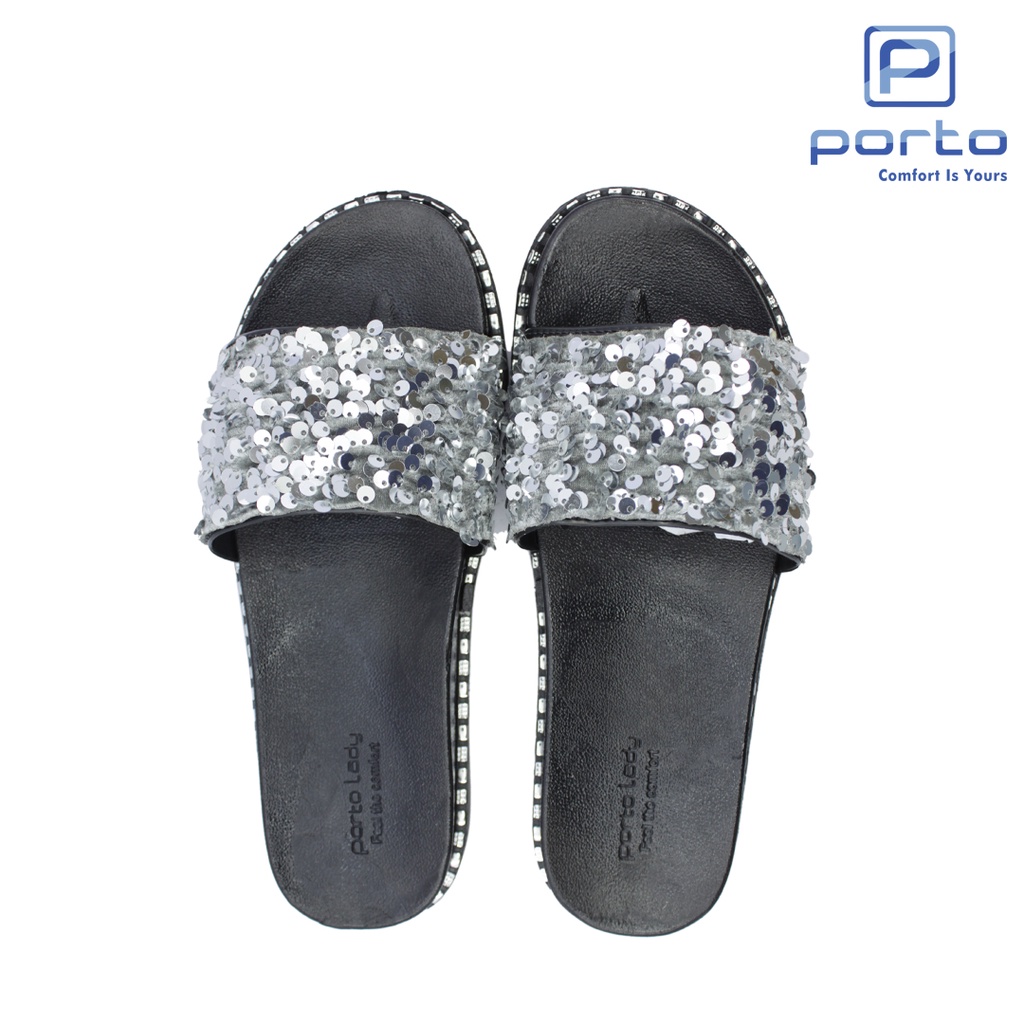 ELF-Z - Porto Leveling Sandal Selop Wanita Terbaru Motif Glitter Manik Nyaman Bagus Awet