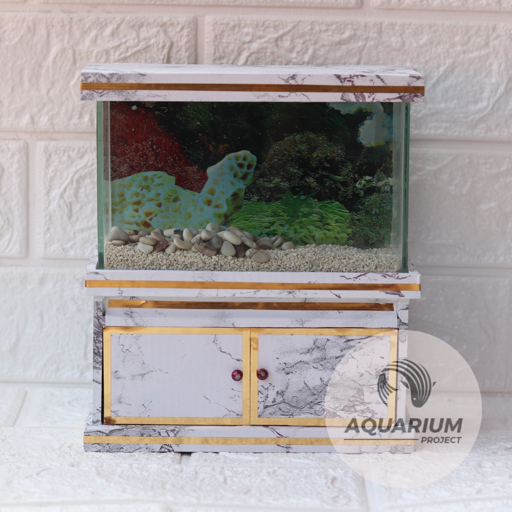 AQUARIUM MINI Motif Marmer Putih Ikan Cupang atau Ikan Kecil  FULL SET & KABINET (free pasir atau ba