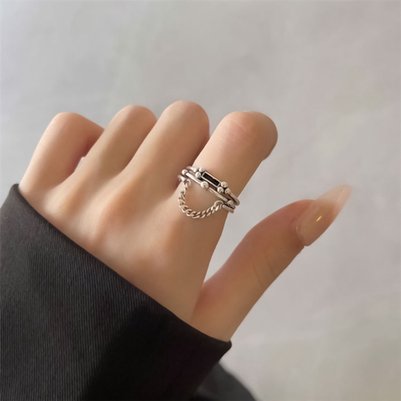 Fancyqube Cincin Rantai Multilayer Bentuk Persegi Panjang Warna Hitam Bahan Sterling Silver 925 Untuk Wanita