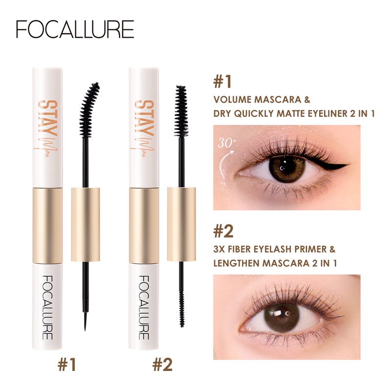 FOCALLURE Volumizing Mascara &amp; Waterproof eyeliner fiber eyelash primer 2 IN 1 mudah dibawa