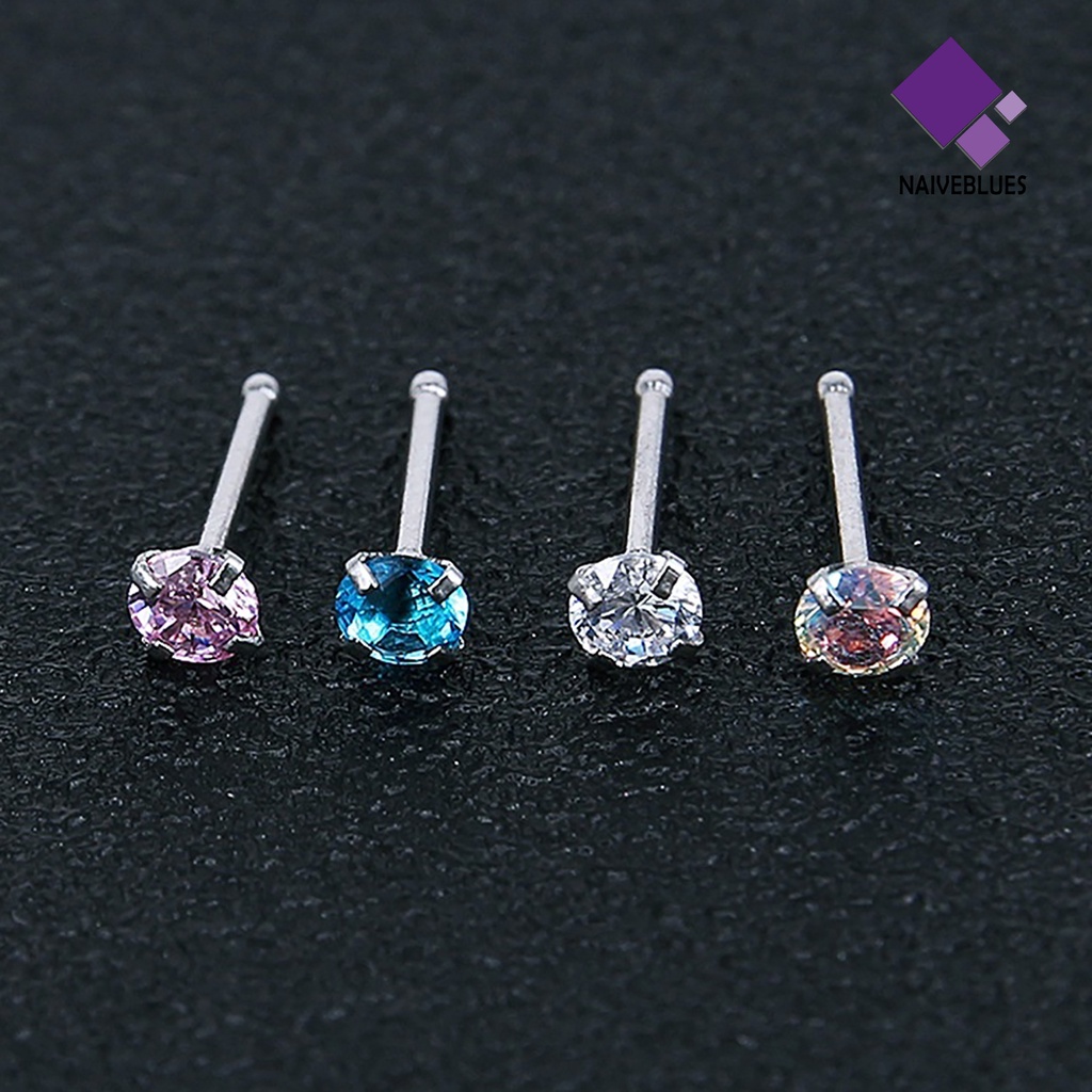 Naiveblue 3Pcs Cincin Tindik Hidung Bahan Baja Bentuk Bintang / Hati Hias Cubic Zircon