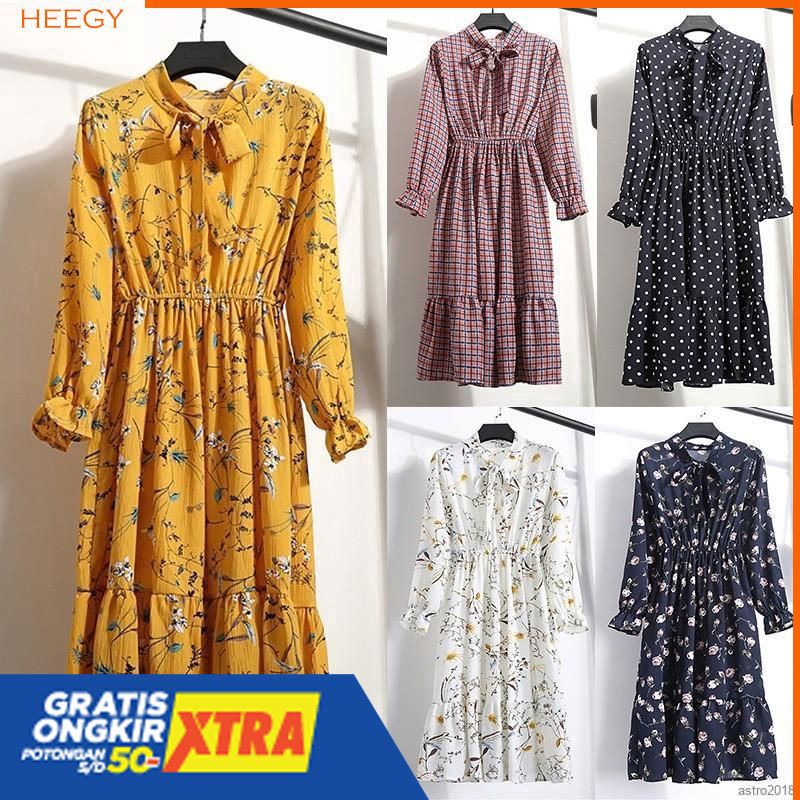 Dress Casual Retro Klasik Slim Motif Print Bunga Bahan Sifon Gaya Wanita Korea