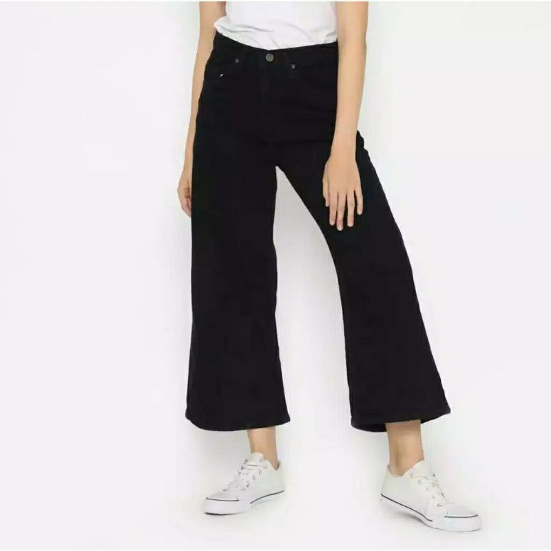 Celana kulot jeans wanita putih jins denim highwaist murah cewek cewe cullote Lepis cutbray levis-KULOT kolor Hitam
