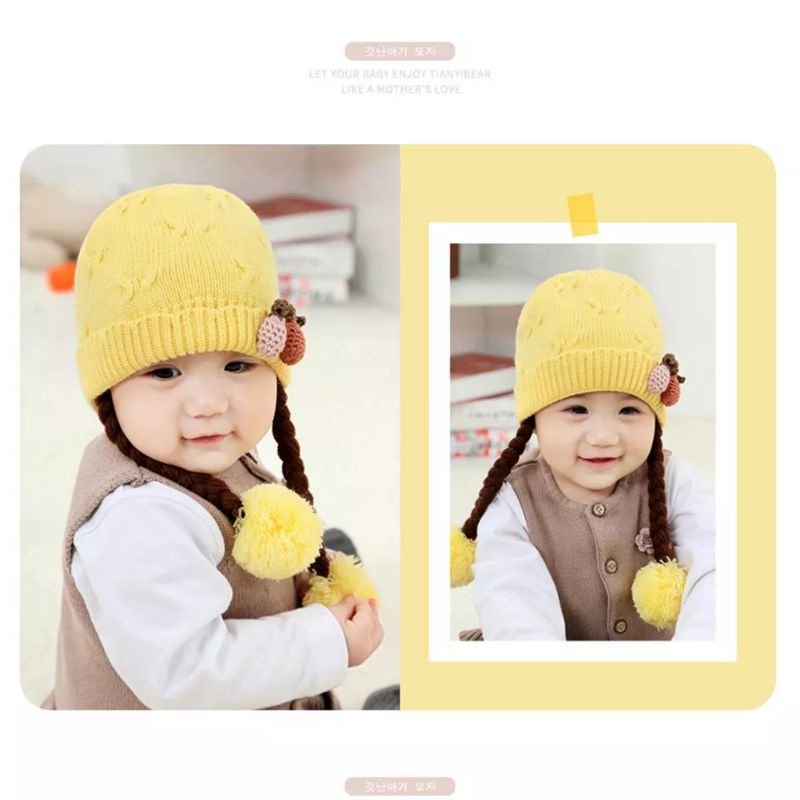 JF COLLECTION [Bordir Nama] Topi Kupluk Rajut Kepang Anak Bayi Perempuan Hiasan Nanas Rambut Kuncir-3