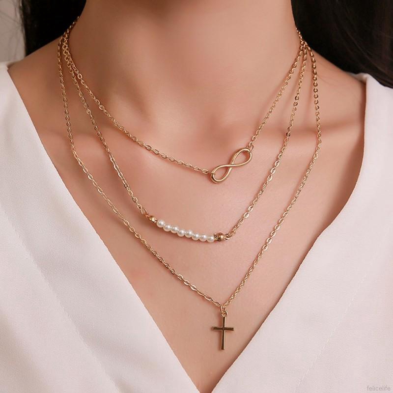 FELICELIFE Three-layer necklace eight-character pearl multi-layer necklace cross pendant clavicle chain