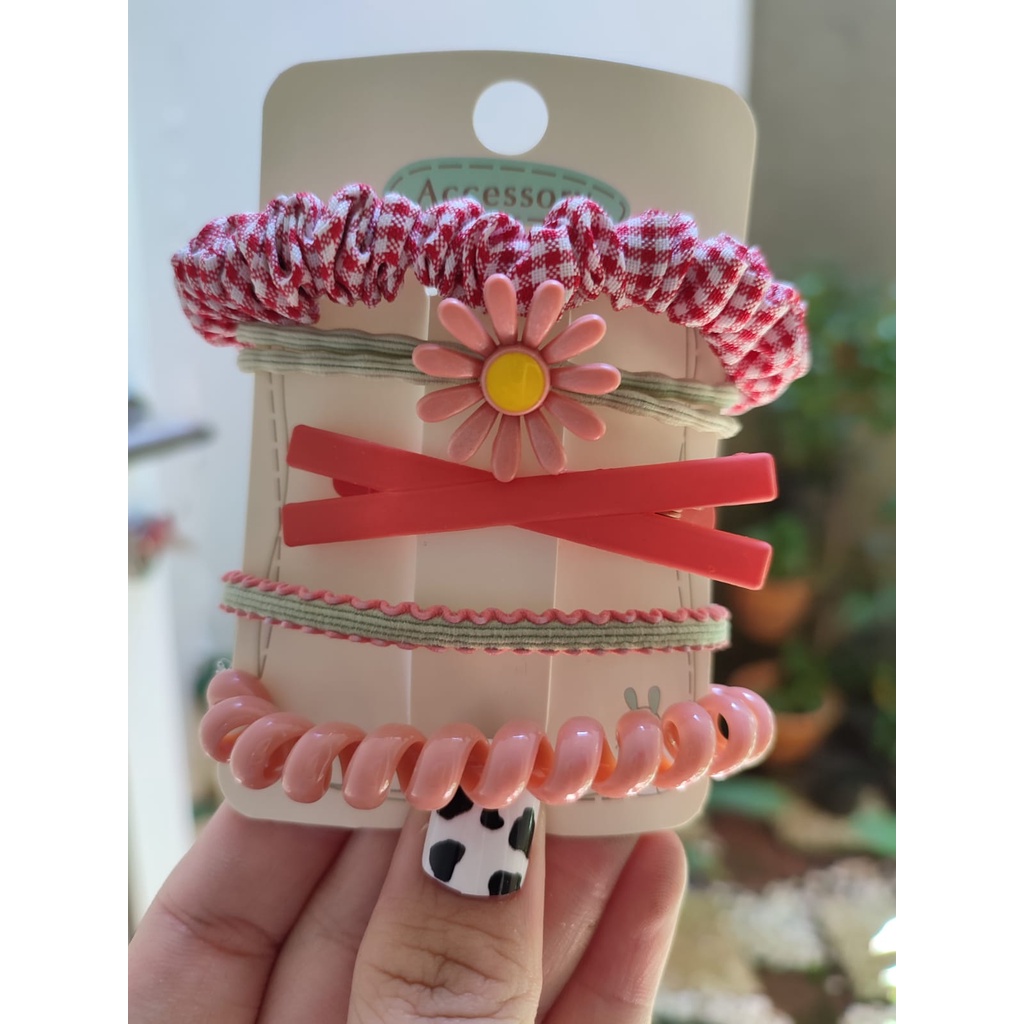 Ikat Rambut Korea Towel Ring Set ( isi 50pcs)-SET(5pc)-MERAH KOTAK