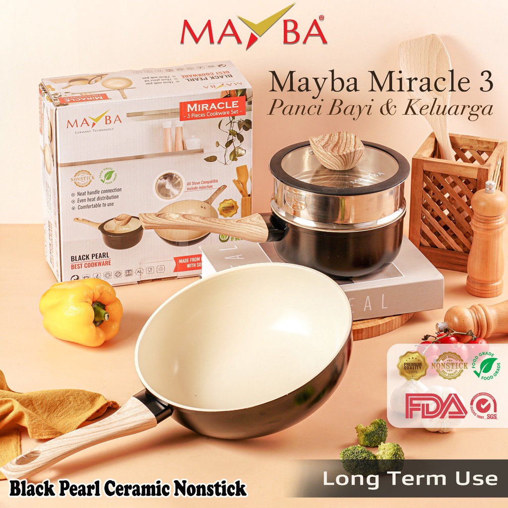 PANCI SET Wok Milk Pan and Lid Asli MAYBA MIRACLE 3 PIECE Keramik ANTI LENGKET| TUTUP KACA SEAL SILICON