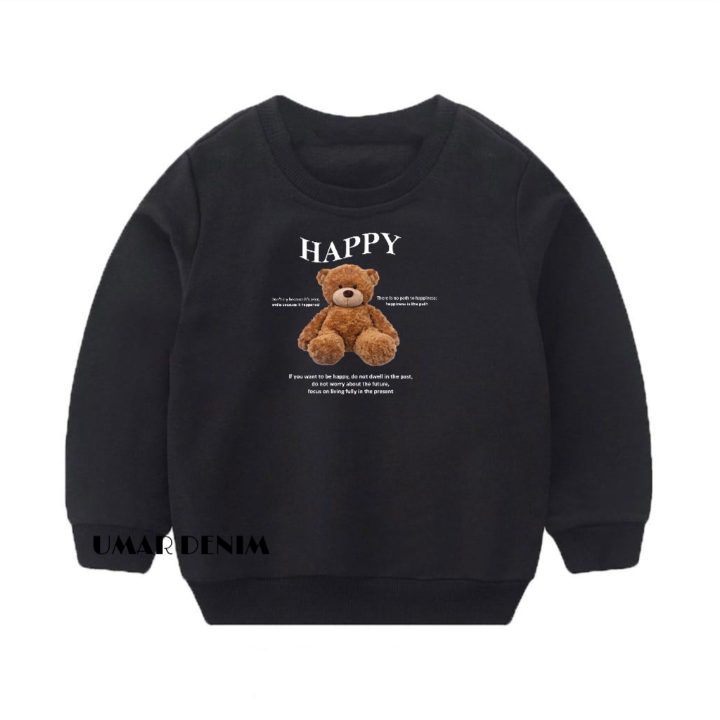 Crewneck Anak Balita Umar Denim Terbaru Motif Beruang Happy Bahan Fleece