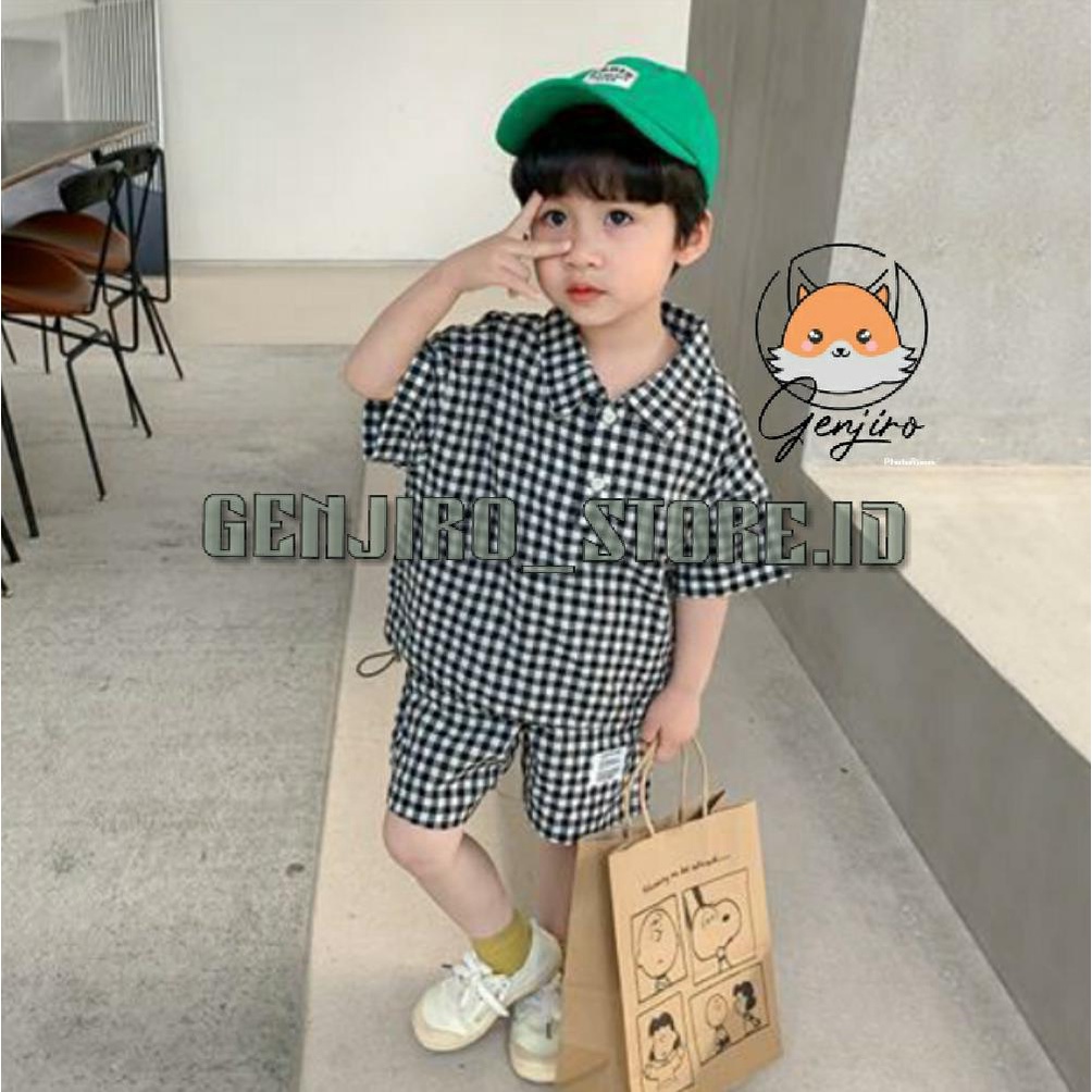 SETELAN ANK LAKI LAKI/ SETELAN WANGKY KOTAK KOTAK/BAWAH TALI +APLIKASI STOPER/BAJU GENJIRO/UNTUK ANAK USIA 1-4 TAHUN/BISA COD