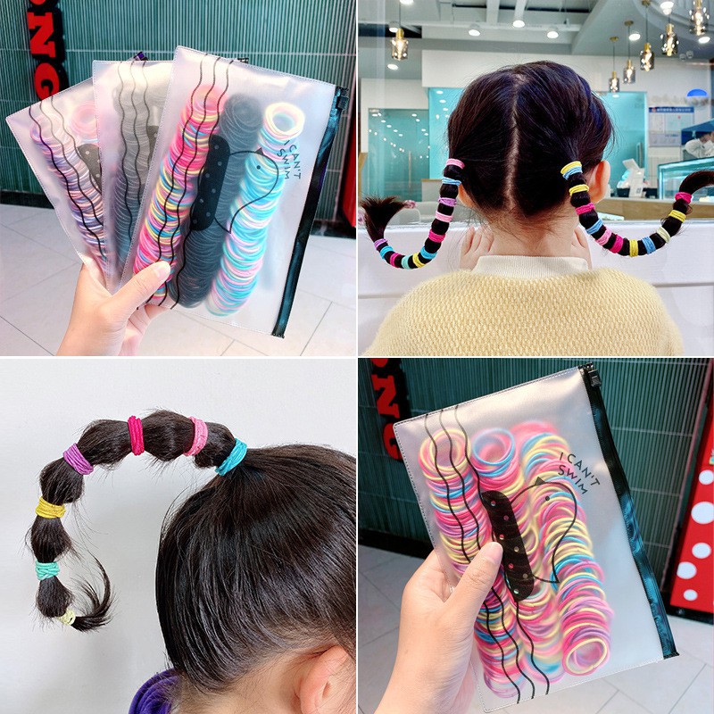 IKAT RAMBUT KOREA / KUCIR RAMBUT SET 100 PCS / TALI RAMBUT IMPORT / IKAT RAMBUT SET POUCH / KUCIR