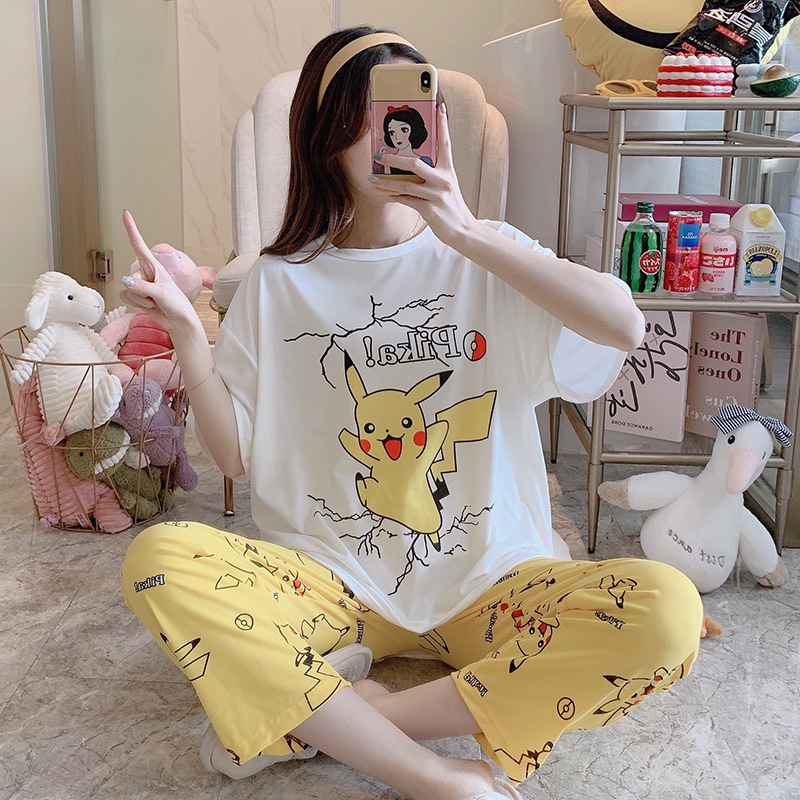Piyama Oversize Bahan Kaos Lengan Pendek Baju Tidur Wanita pakaian tidur wanita kaos set baju tidur wanita piyama-Pikachu