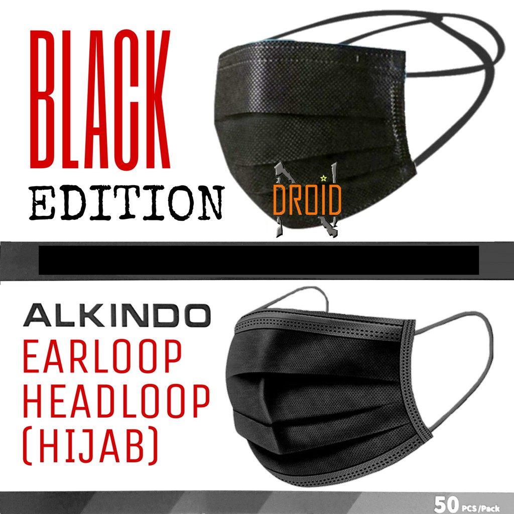 MASKER ALKINDO BLACK 3 PLY - MASKER ALKINDO 3 PLY - EARLOOP - MASKER HIJAB - MASKER MURAH