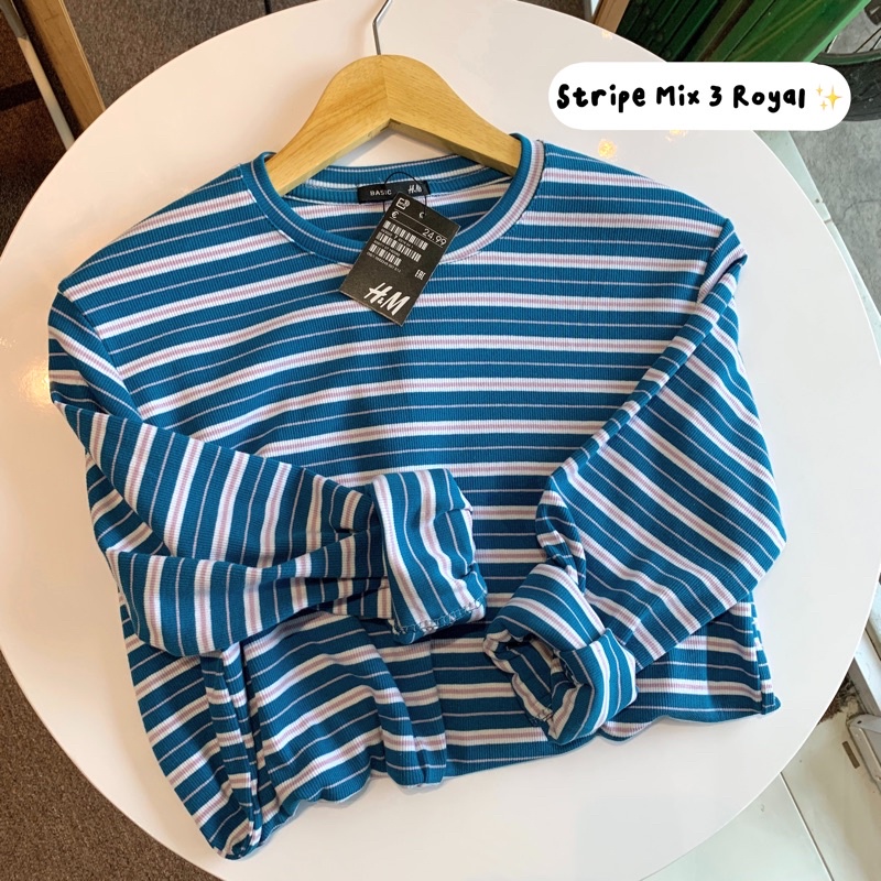 Dwistuff Basic Tee Rib Royal Kaos Lengan Panjang Stripe Salur