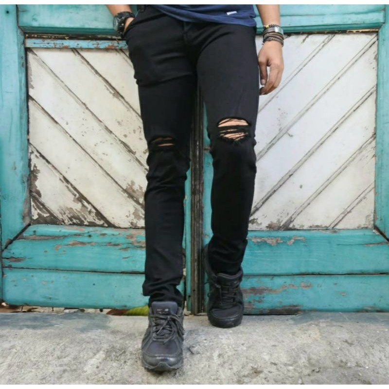 Celana jeans sobek lutut pria ripped jeans celana panjang hitam pria street melar skinny jeans pria