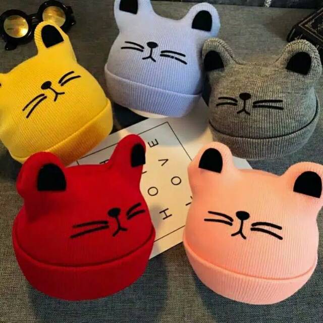 Topi kupluk bayi cat topi  bayi kucing topu rajut bayi