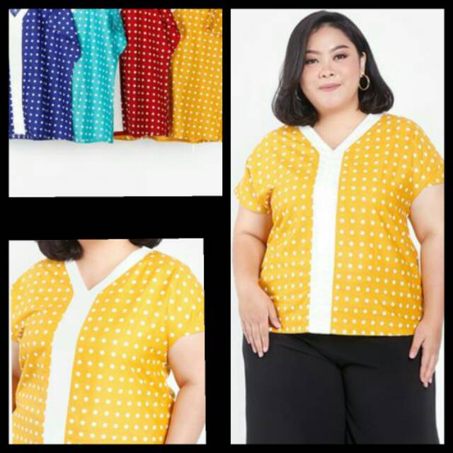 Ld 114 120 132 Katun Geziema Polkadot V-Neck Big Blouse Imlek Jumbo XXL XXXL 5XL