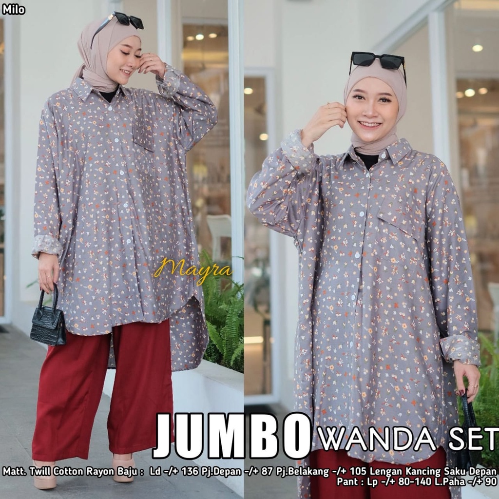 Setelan Celana Panjang Atasan Tunik Set Wanita Polos Kombinasi Motif Jumbo Besar Bahan Rayon Adem XX