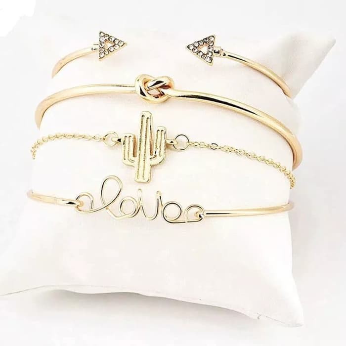 Satu Set Gelang Wanita Triangle Knot Love Cactus Gold Opening Bangle C