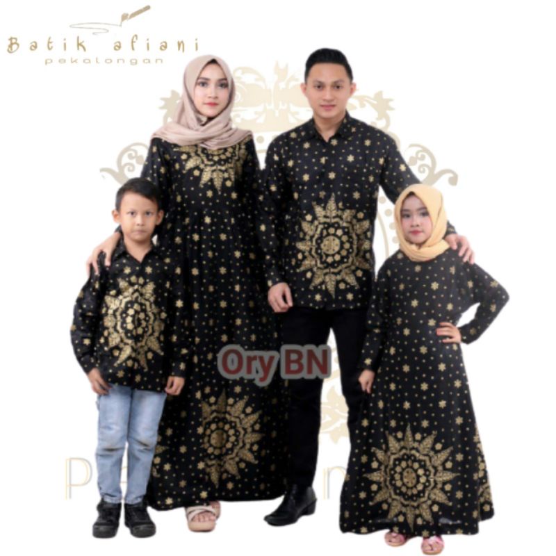 Maura Couple - Sania Ruffle Batik Keluarga Couple Jazy Gamis Syar'i - Gamis Kerah Jazy Terbaru Motif Matadaun Hitam 2022