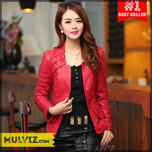 Jaket Kulit Wanita Korea Sporty / Blazer Korea PU Leather - Merah