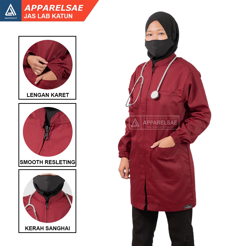 JAS LAB /JAS LABORATORIUM KATUN LEMBUT & TEBAL BAJU DOKTER LENGAN KARET WARNA MAROON