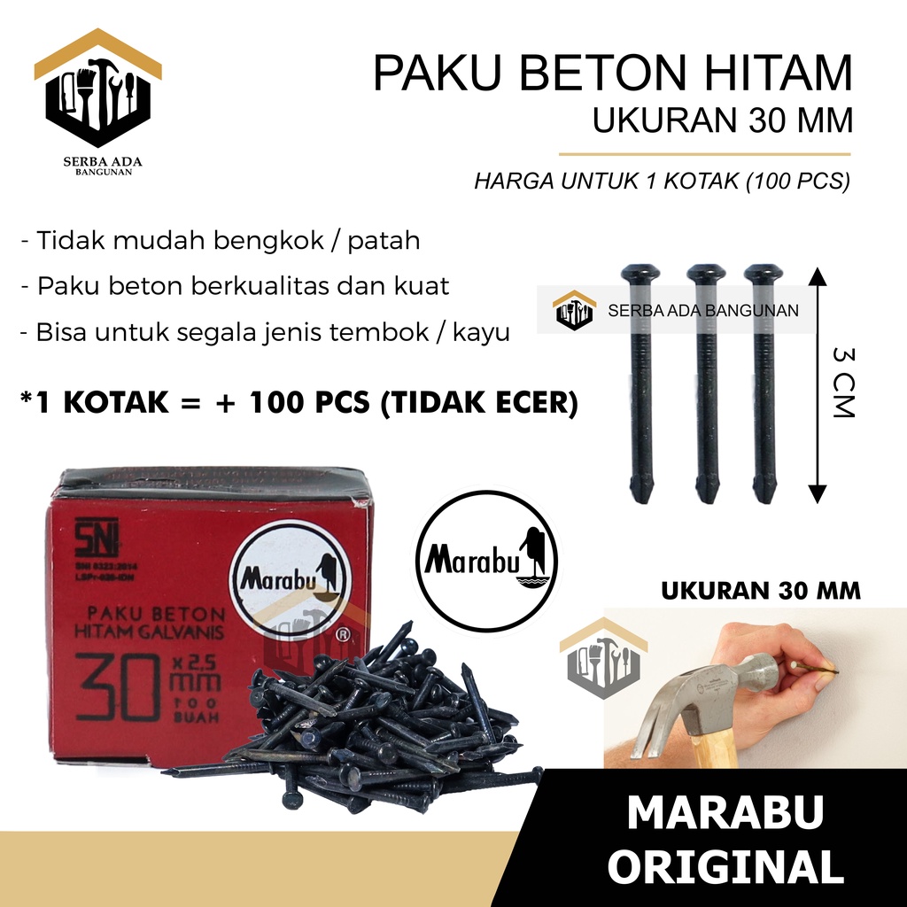 PAKU BETON SIZE 2- 2.5 - 3 - 4 -5 Cm MARABU HITAM GALVANIS HARGA 1BOX (100PCS) TERMURAH KOMPLIT