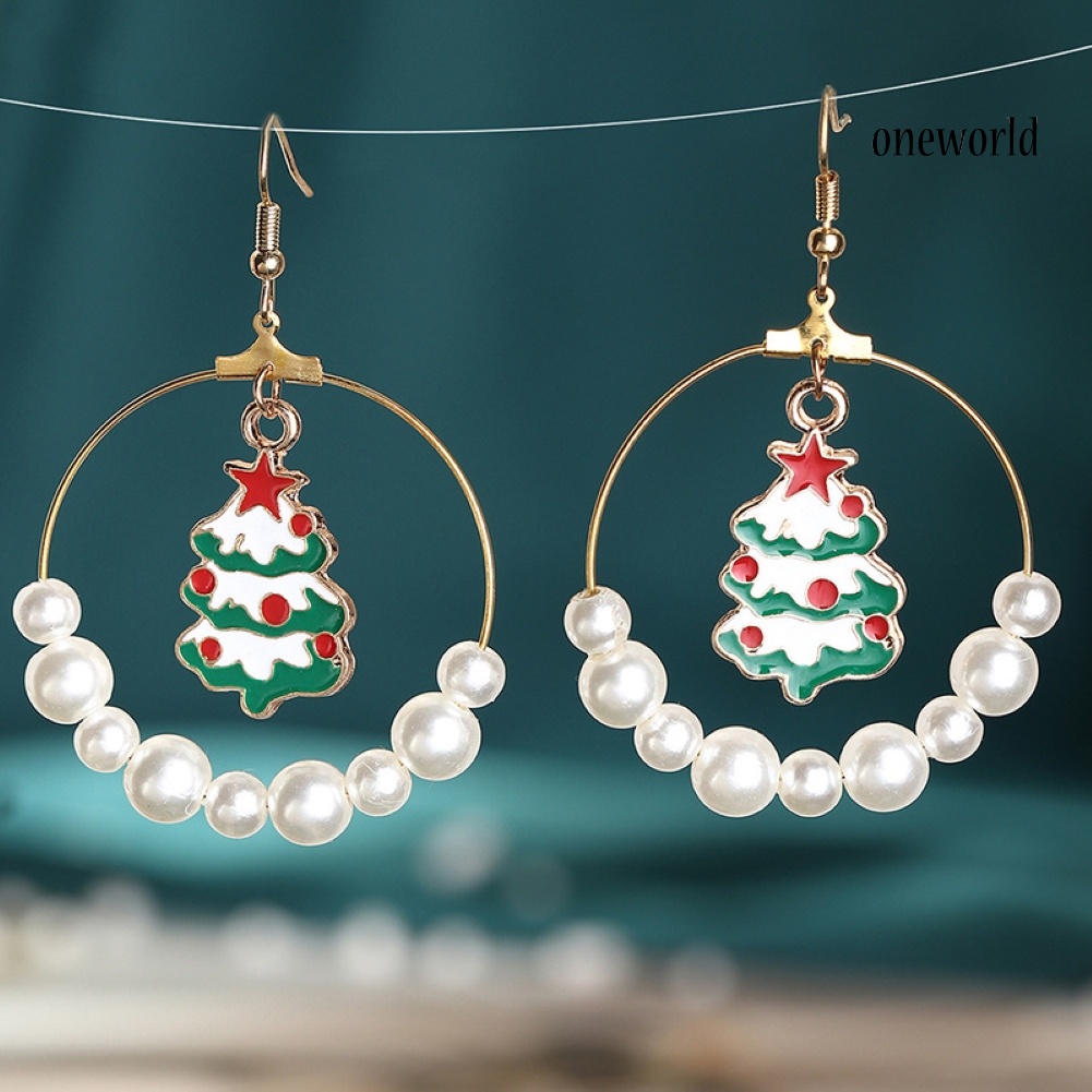 OW# Women Christmas Tree Elk Eardrop Faux Pearl Geometric Hoop Earrings Xmas Gift