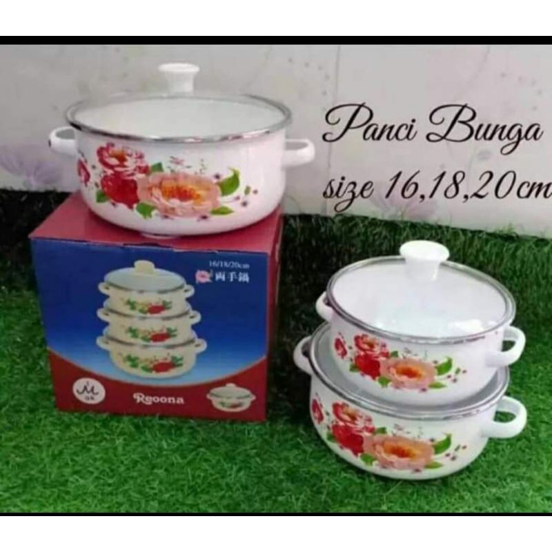 panci set enamel kembang susun 3 pcs  / panci susun  3 enamel tutup kaca /panci kaleng set